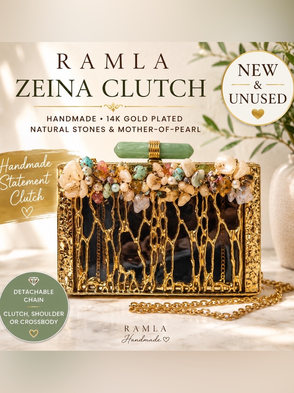 RAMLA Zeina 14K Gold Plated Gemstone Clutch Bag NEW